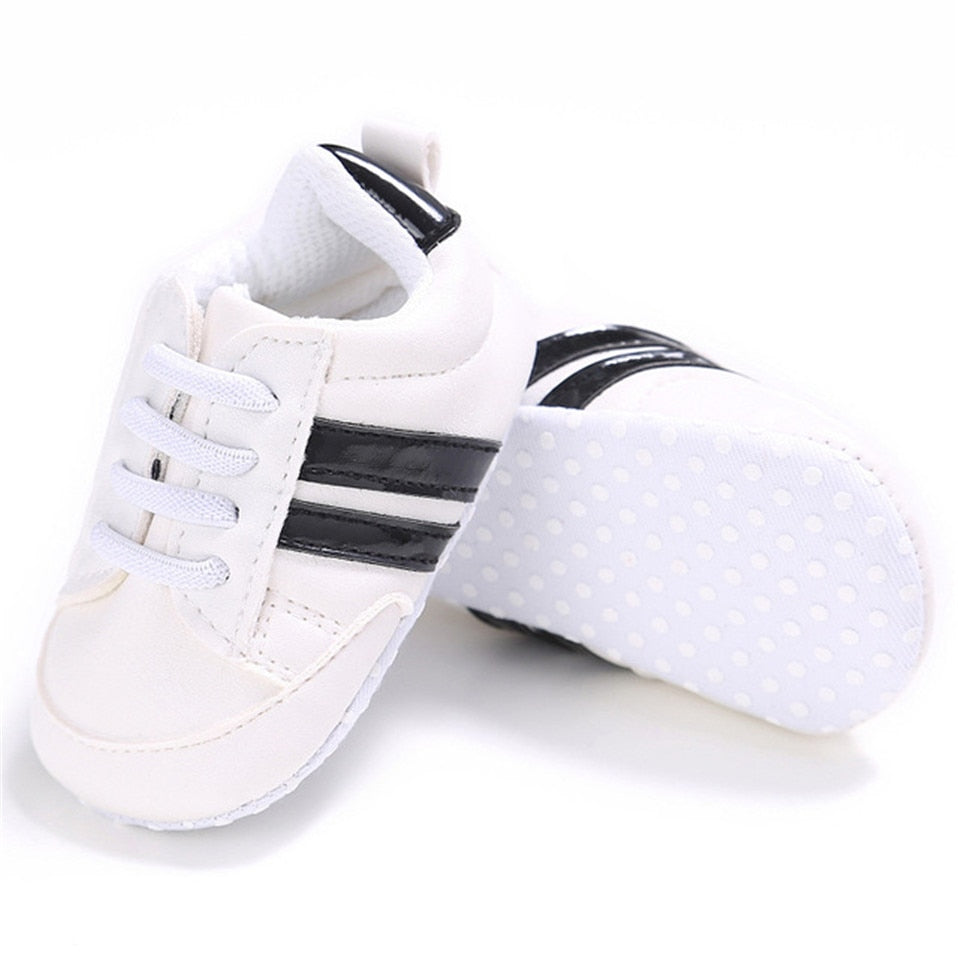 Baby Shoes Newborn Boys Sneaker Girls Two Striped First Walkers Kids Toddlers Lace Up PU Leather Soft Soles Sneakers 0-18 Months - Jeglowstore