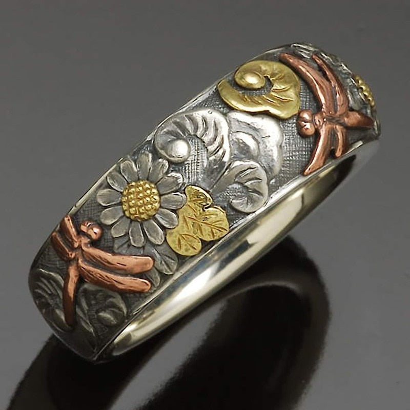 Vintage Silver and Rose Gold Color Carved Dragonfly Sunflower Ring