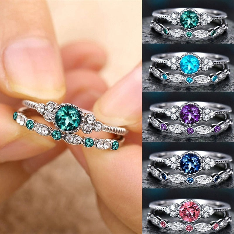 2Pcs/Set Classic Silver Plated Cut Created Birthstone Delicate Ring