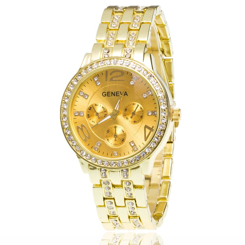 Luxury Geneva Brand Women Gold Stainless Steel Quartz Watch