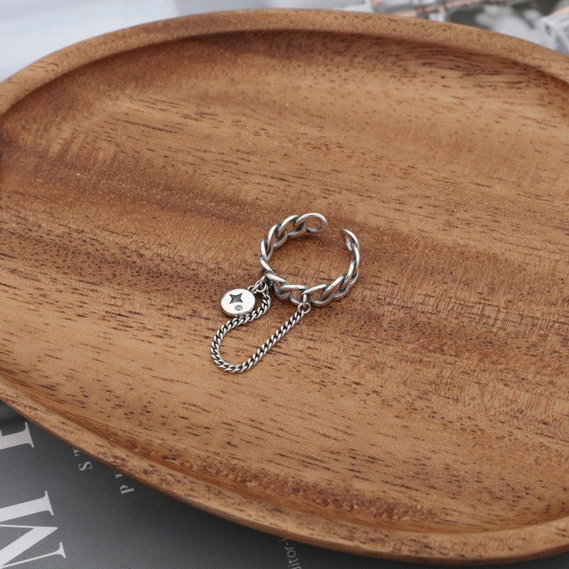 Ancient Silver Color Adjustable Chain Open Finger Ring