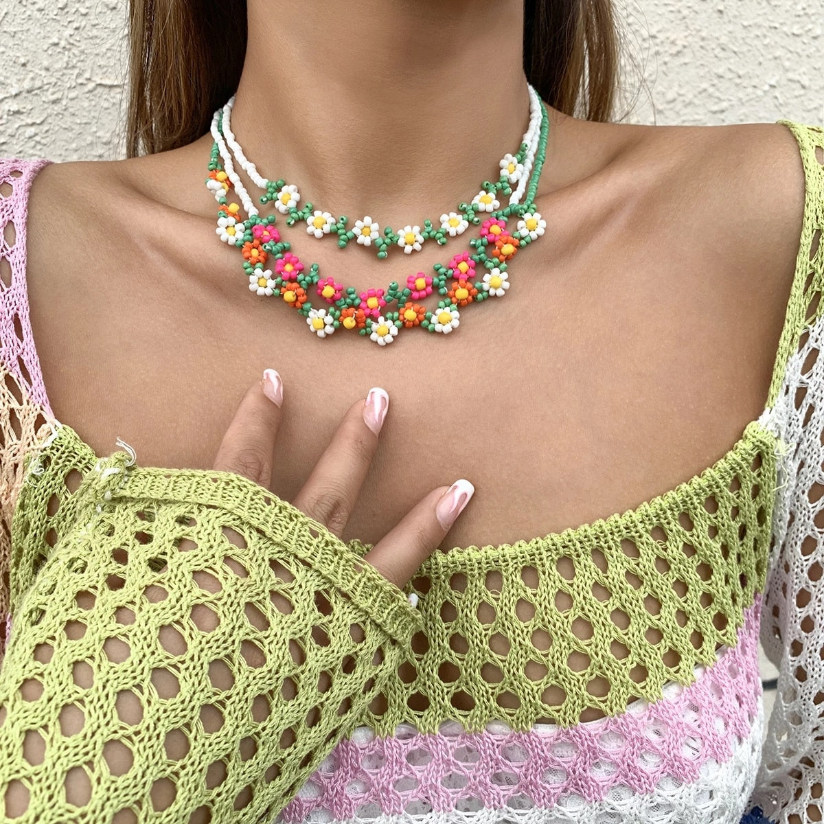 Salircon Trend Bohemia Rainbow Color Seed Beads Chain Choker Necklace