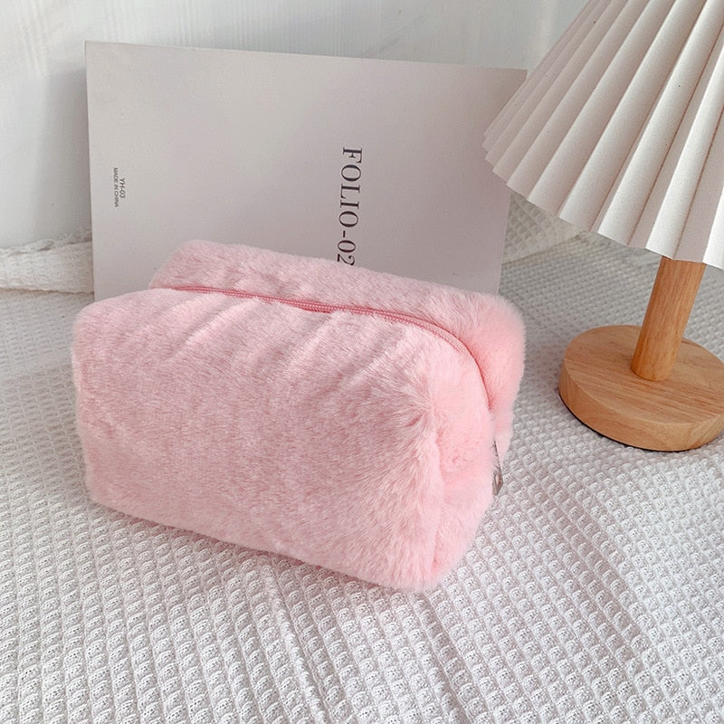 PURDORED 1 Pc Solid Color Fur Makeup Bag Organizer Case