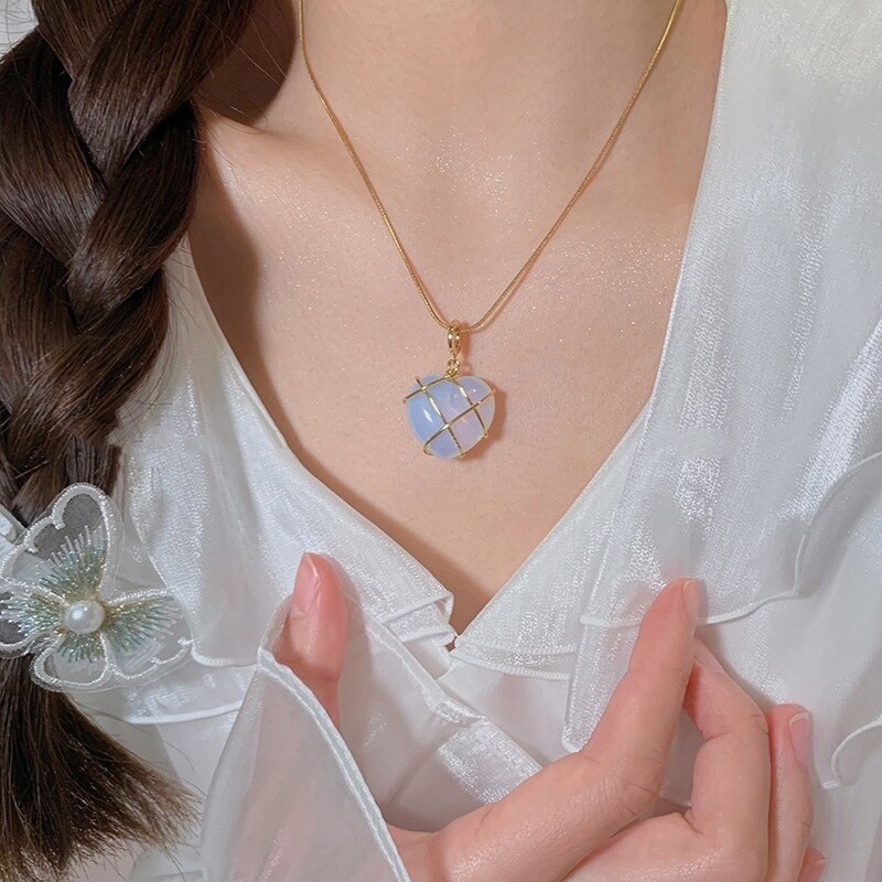 Heart Opal Powder Diamond Castle Necklace