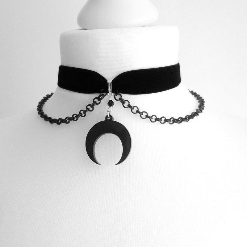 Goth Dainty Chain Crescent Moon and Stars Choker Witch Necklace