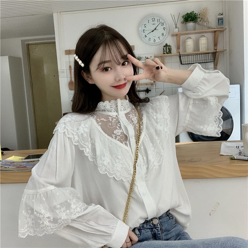 Lace Up Ruffled Women Blouse