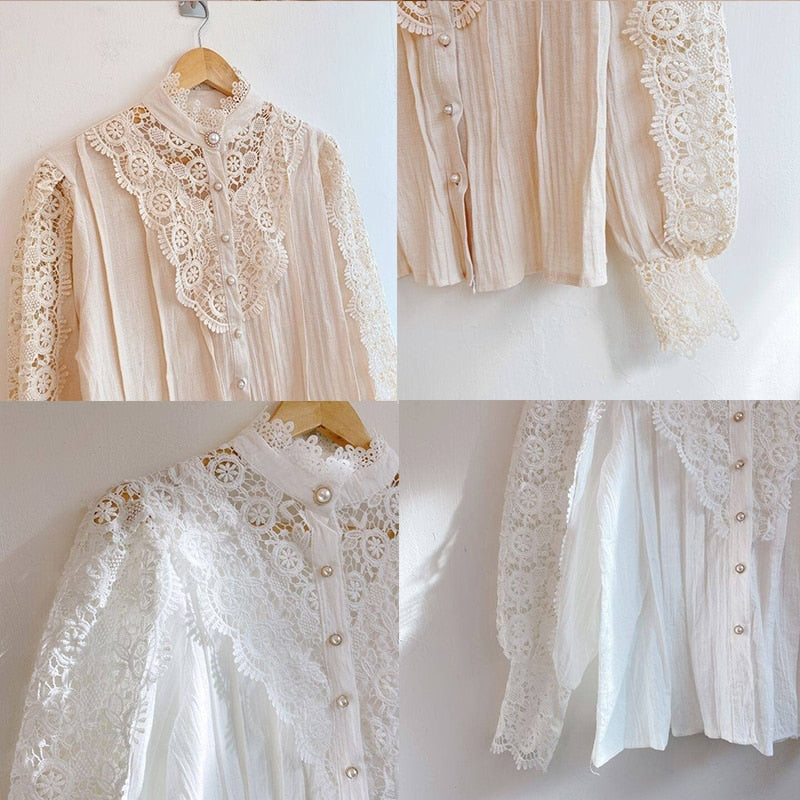 Vintage Solid White Lace Blouse Shirts Women Button Loose Shirt Top