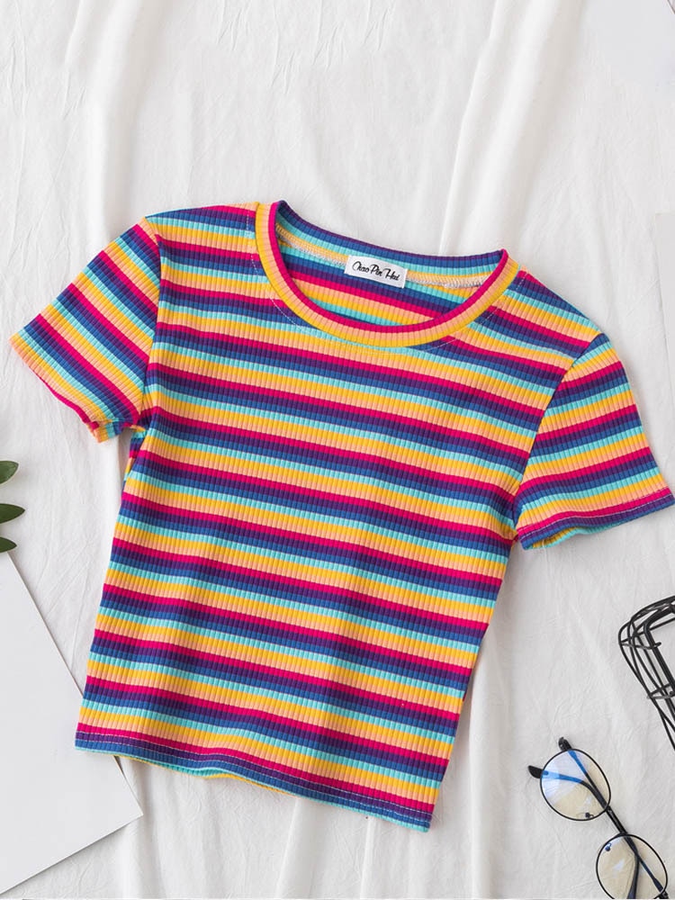 New T Shirt Women Rainbow Striped Tops Slim Fit t shirt