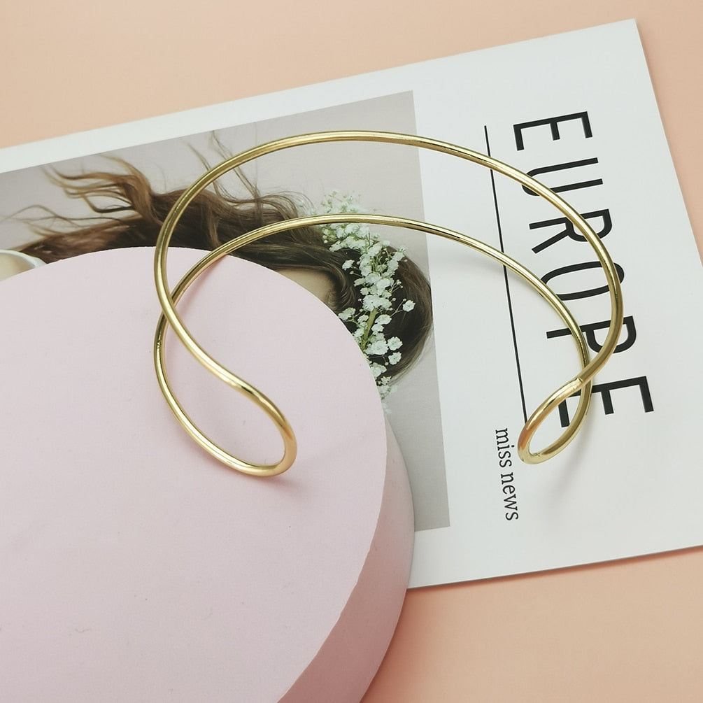 MANILAI Two Metal Line Rigid Bib Neck Torques Choker Necklace