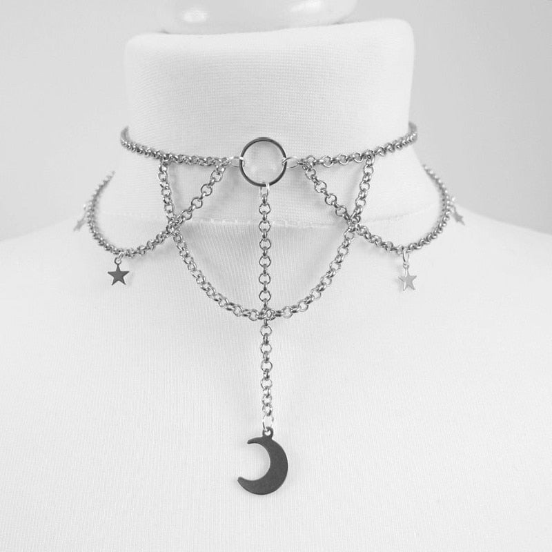 Goth Dainty Chain Crescent Moon and Stars Choker Witch Necklace