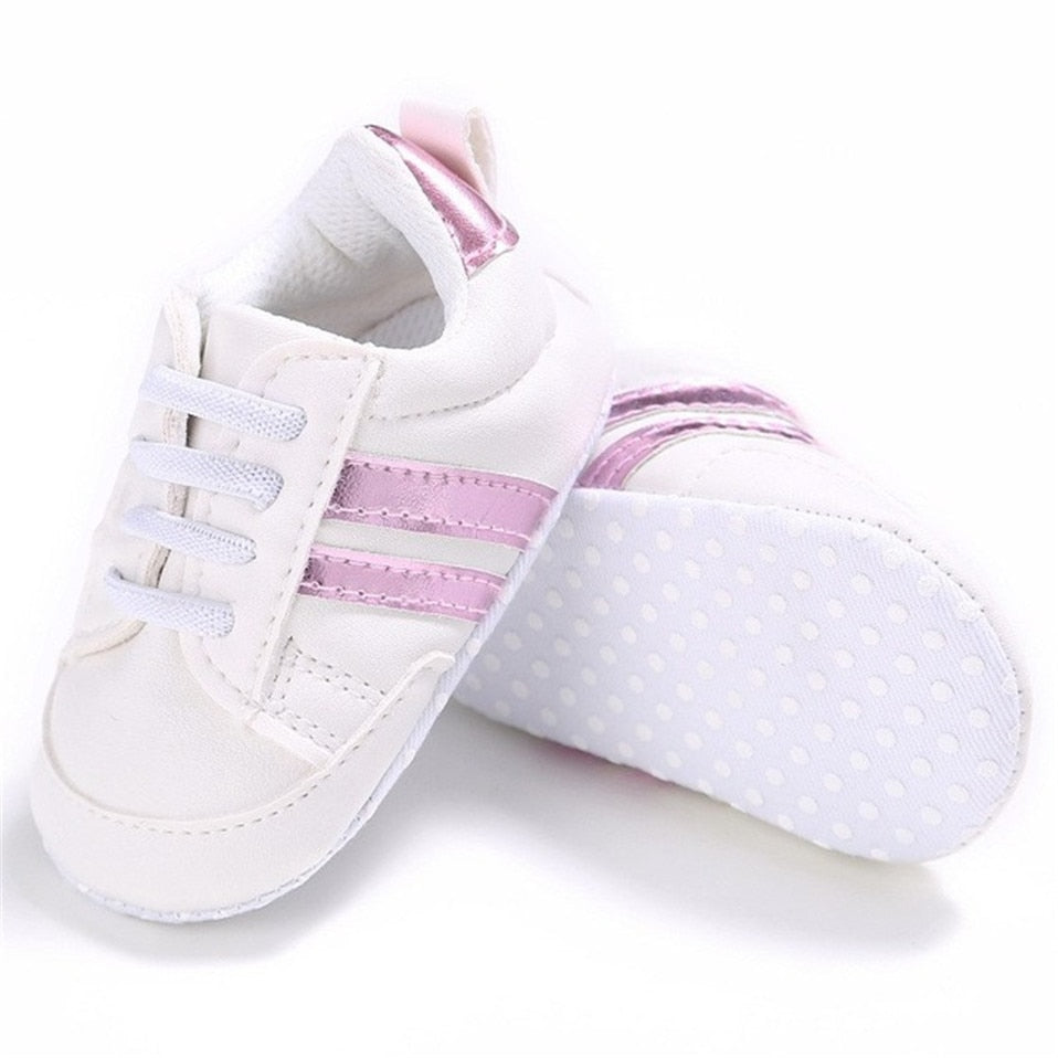 Baby Shoes Newborn Boys Sneaker Girls Two Striped First Walkers Kids Toddlers Lace Up PU Leather Soft Soles Sneakers 0-18 Months - Jeglowstore