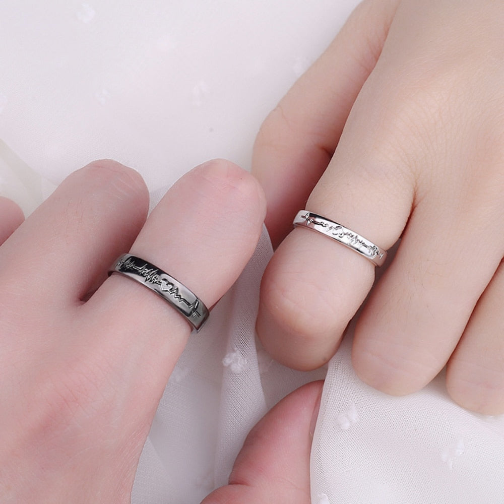 2Pcs/set Punk Heart ECG Black White Forever Love Promise Ring