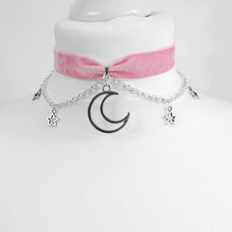 Goth Dainty Chain Crescent Moon and Stars Choker Witch Necklace