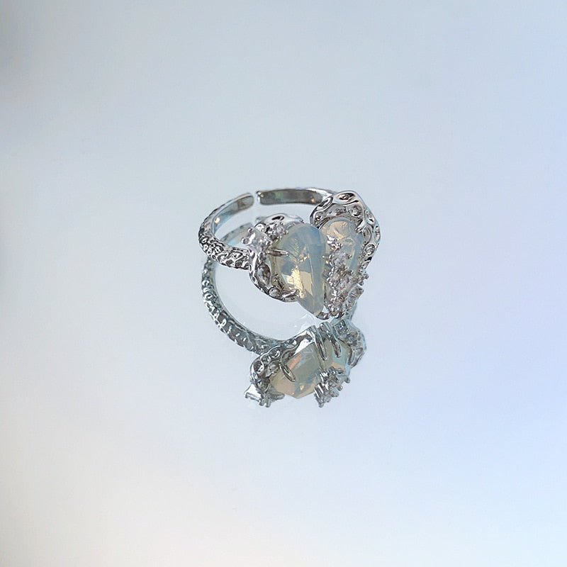Pink Crystal Irregular Heart Ring Y2K Creative Blue Opal Broken Heart Ring