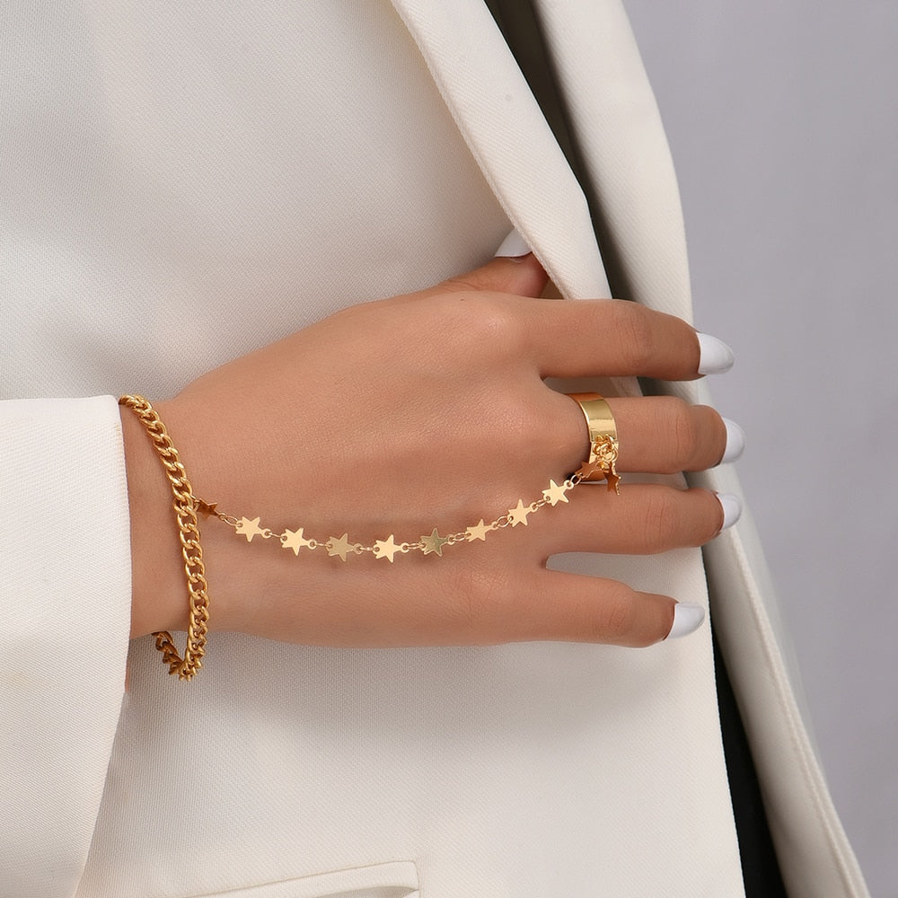 Simple Link Connected Gold plated Wide Finger Ring Bracelet