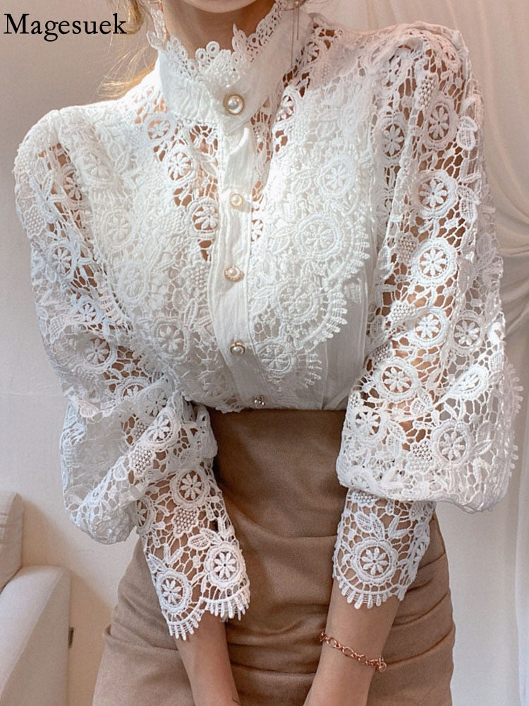 Petal Sleeve Stand Collar Hollow Out Flower Lace Patchwork Shirt