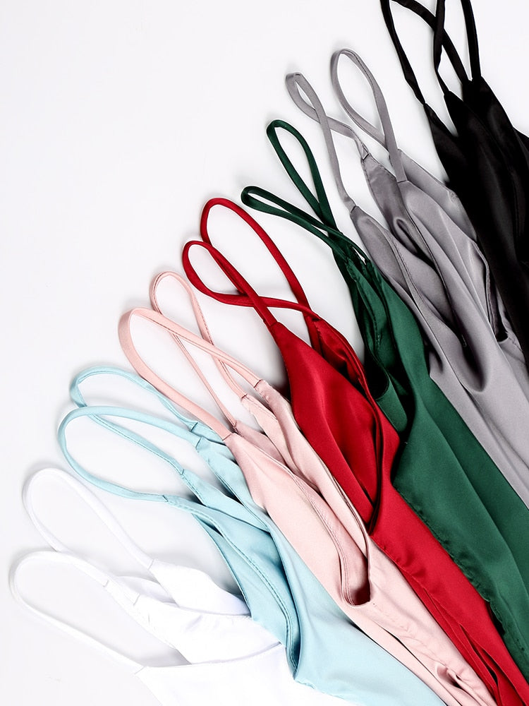 Spaghetti Strap Halter V Neck Sleeveless Satin Silk Tank Top