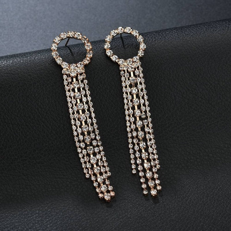 Luxury Rhinestone Crystal Long Tassel Drop Dangling Earrings
