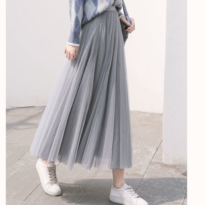 3 layers High Waist Pleated Long Skirt