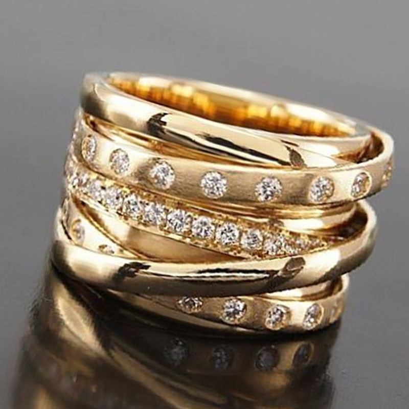 Gold Color Multilayer Winding Inlaid Crystal Rhinestone Zircon Metal Ring