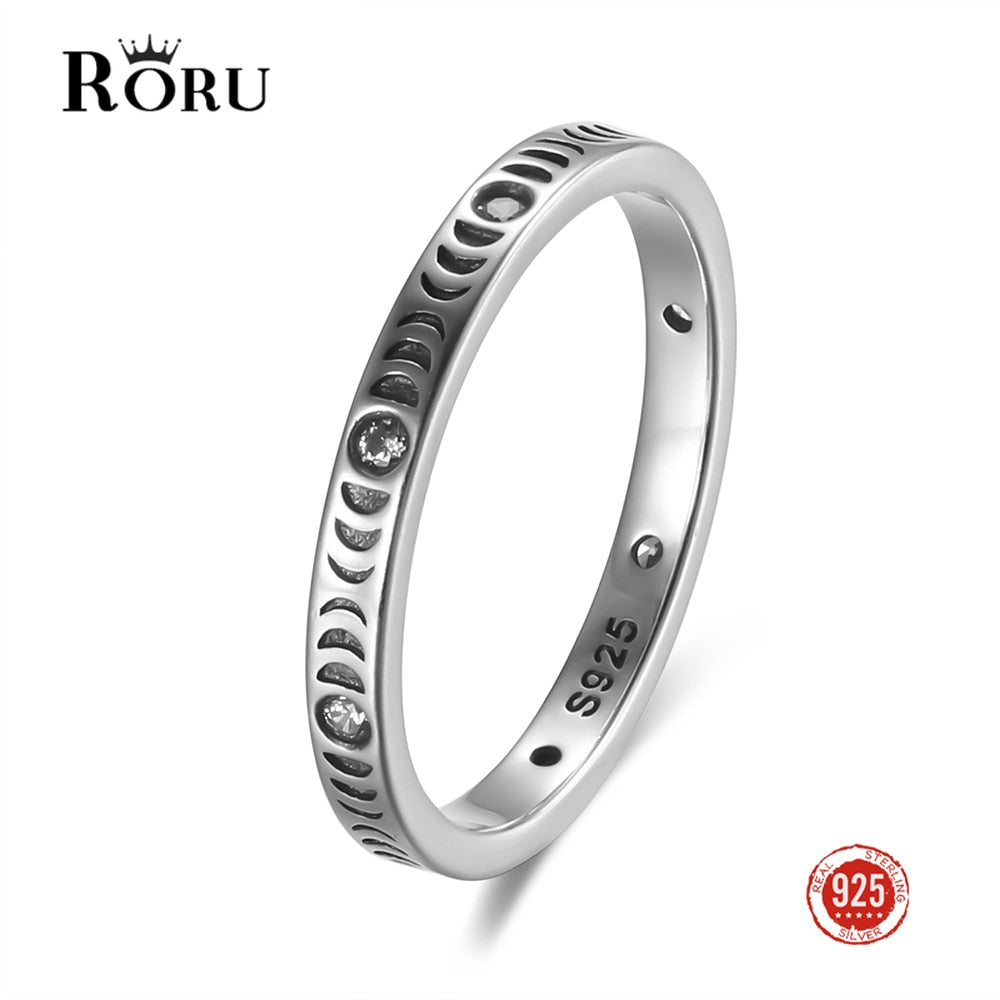 RORU 925 Silver Slim Stacking Trendy Retro Oxidized Zircon Ring