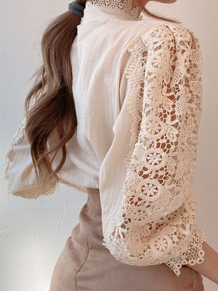 Petal Sleeve Stand Collar Hollow Out Flower Lace Patchwork Shirt