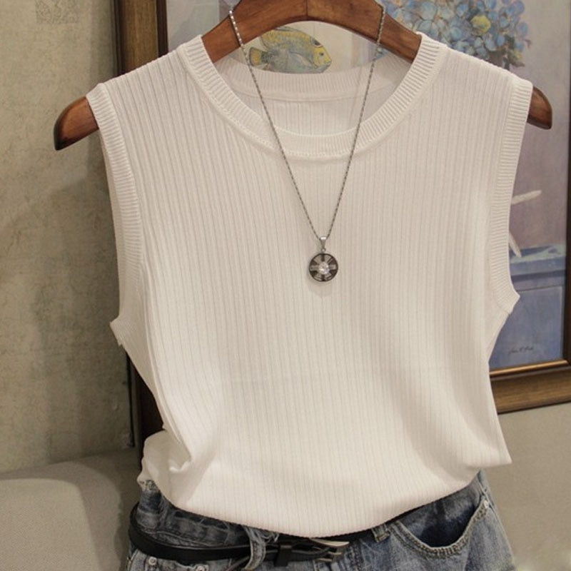 Knitted Vests Women Top O-neck Solid Tank