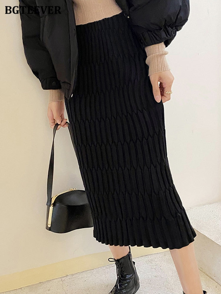 BGTEEVER Elegant High Waist Slim Fit Zipper Mid-Calf Wrapped Knitted Skirt