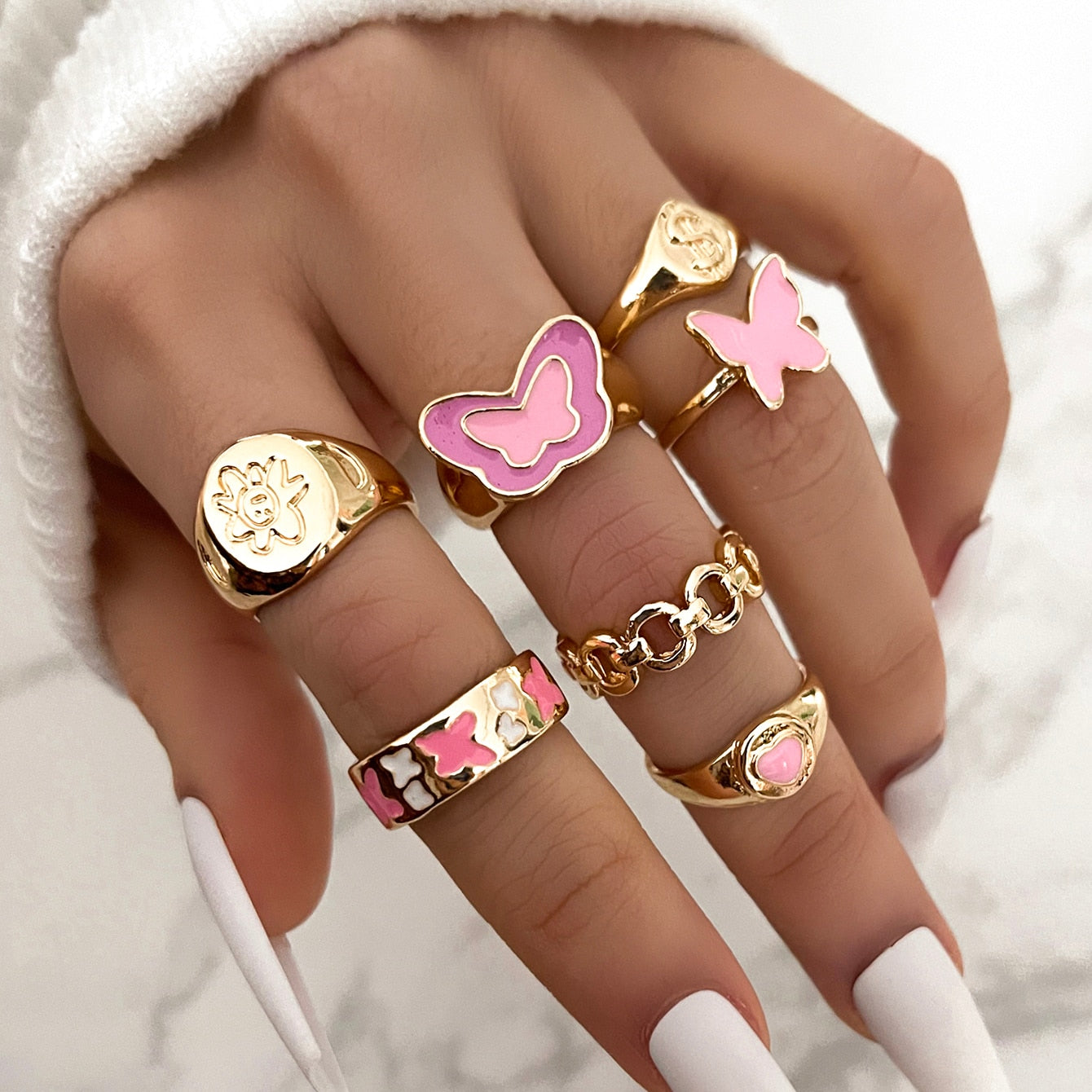 Aprilwell Cute Pink Butterfly Ring Set for Women