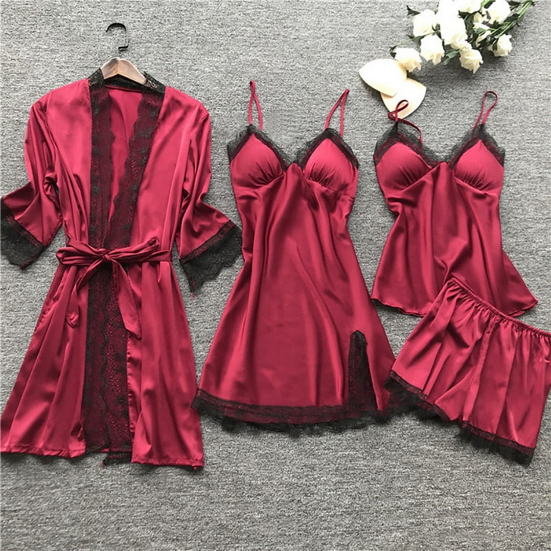 Silk 4-piece Nightwear Ladies Solid Color Strap Lace Pajamas with Chest Pads
