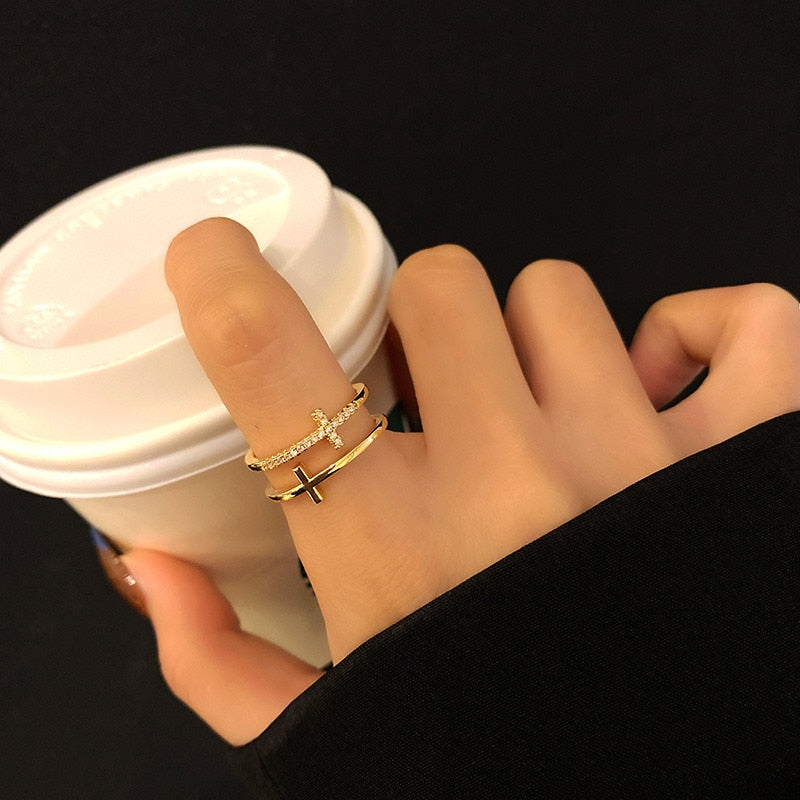 Silver Color Double Cross Flashing Zircon Open Ring