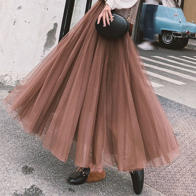 3 layers High Waist Pleated Long Skirt