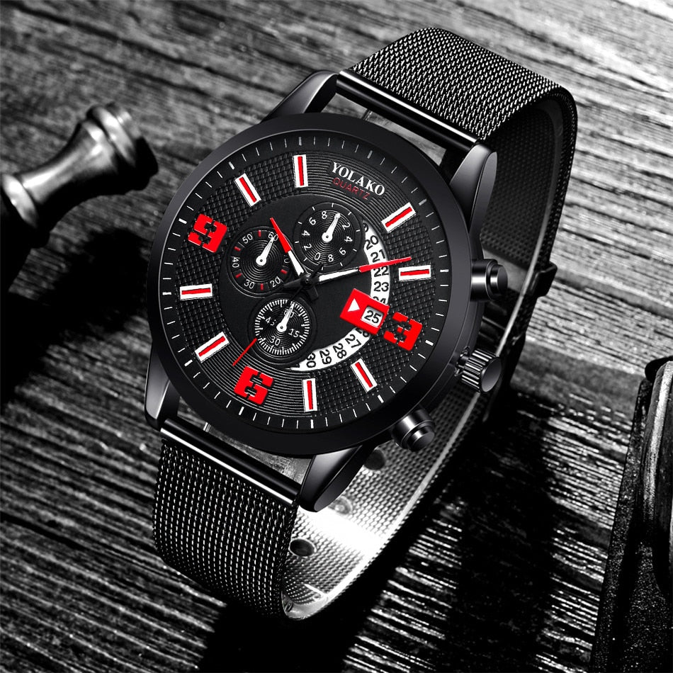 Mens Fashion Stainless Steel Mesh Belt Quartz Wrist Watch