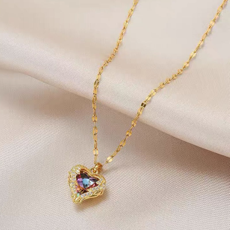 Real Gold Heart Shaped Opal Chain Pendant
