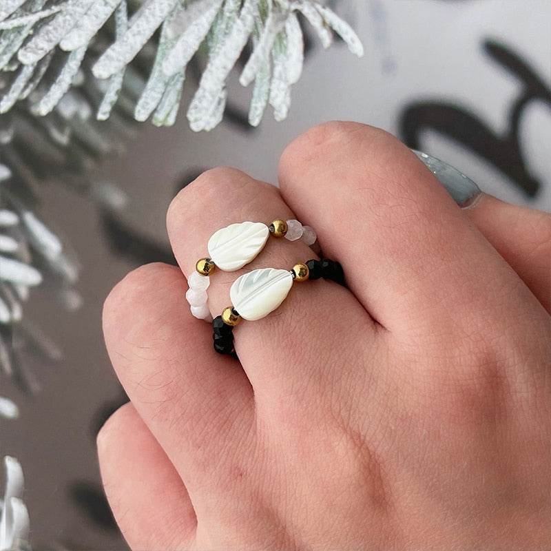 Fashion Natural Stone Moonstone Obsidian Stainless Steel Ring