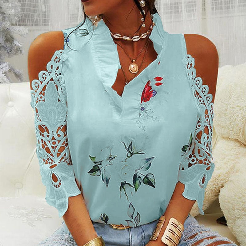 Sexy Hollow Out Printed V-Neck Elegant Short Sleeve Lace Shirt