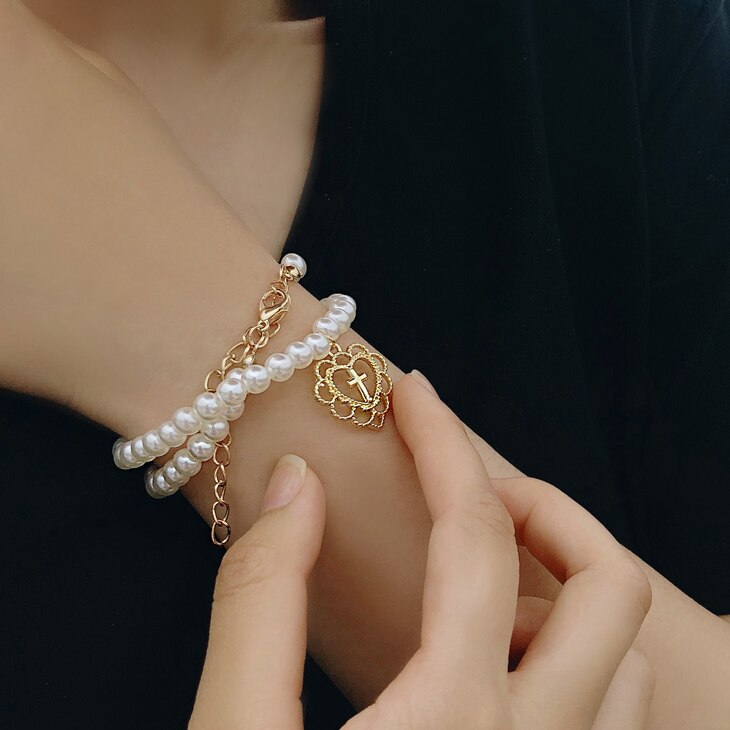 Retro Girl Hollow Love Cross Pendant Pearl Necklace