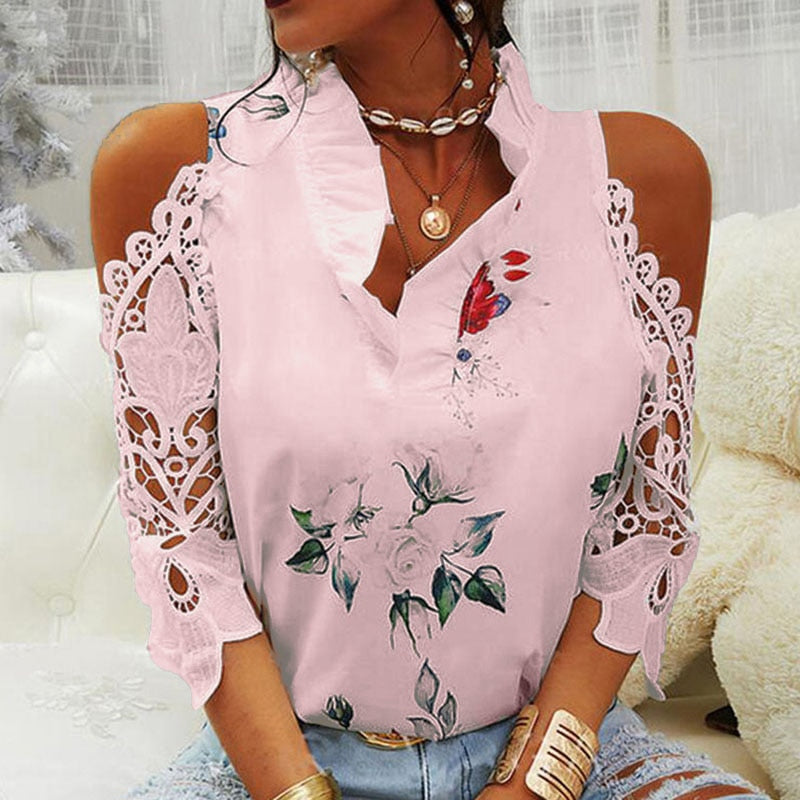 Sexy Hollow Out Printed V-Neck Elegant Short Sleeve Lace Shirt