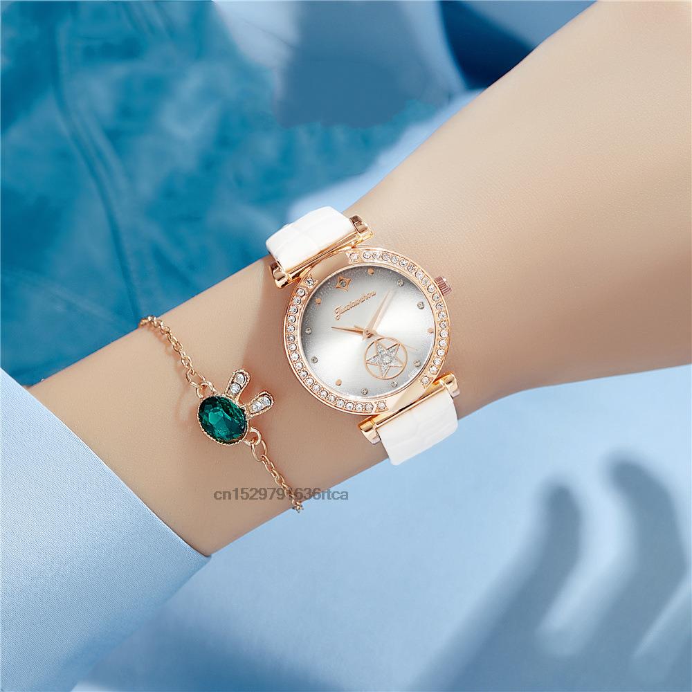 Luxury Diamond Studded Quartz Leather Watch