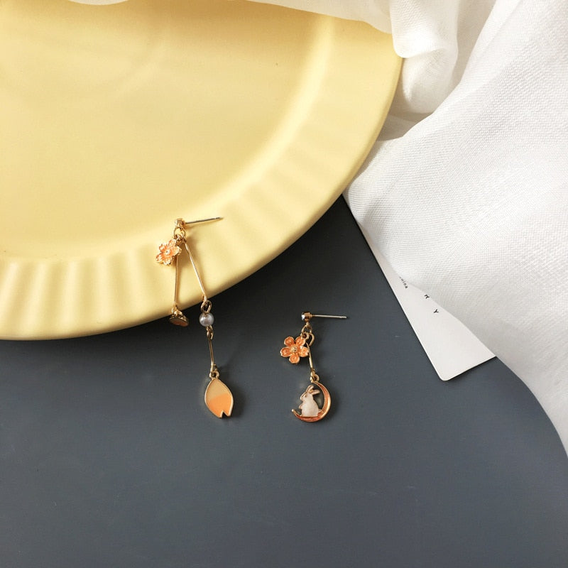 Animal Cat Cherry Blossoms Asymmetrical Earring Party Kitten Jewelry Gifts