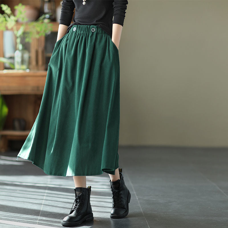 Japanese Style Brown Retro Corduroy Skirt Elegant Woman