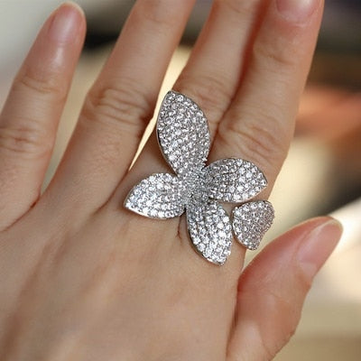 Big Silver Color Flower Leaf Adjustable Ring with Bling Zircon Stone