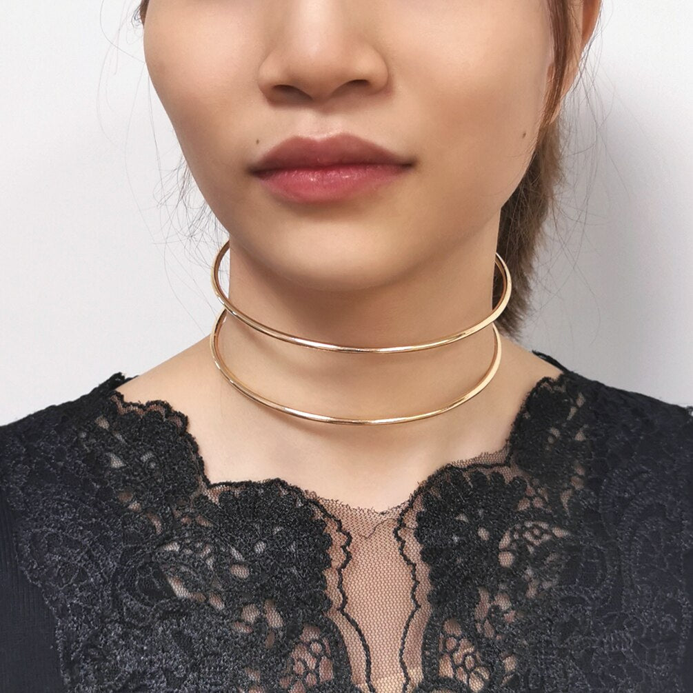 MANILAI Two Metal Line Rigid Bib Neck Torques Choker Necklace