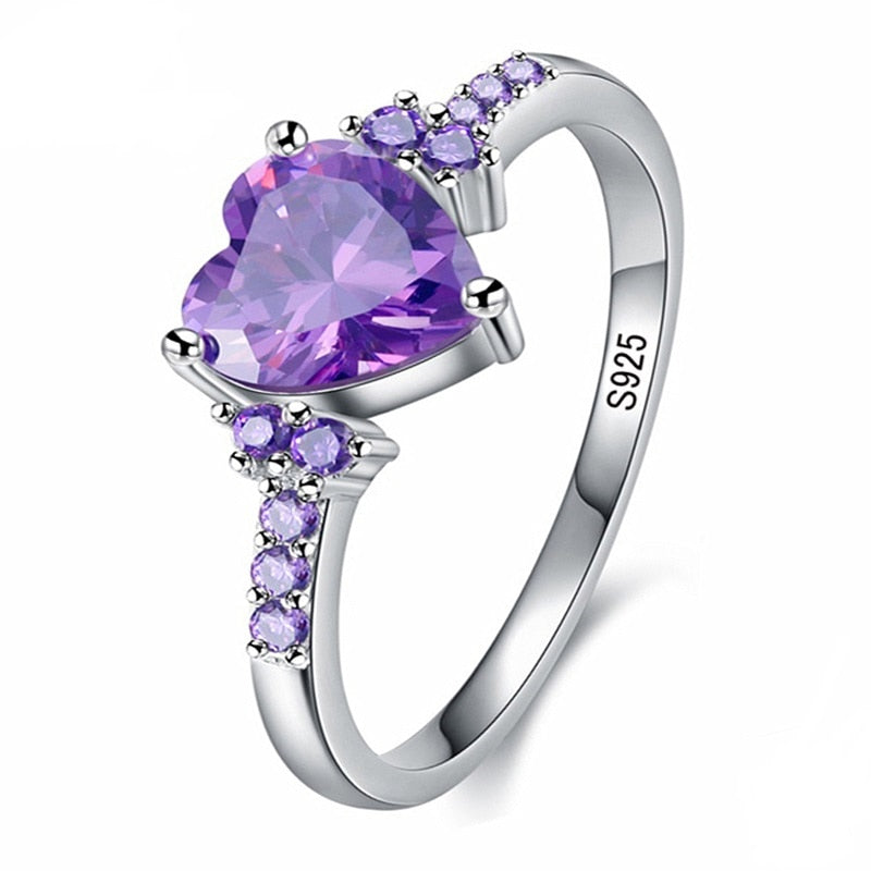 HuiSept 925 Silver Jewelry Heart Shape Amethyst Gemstone Ring