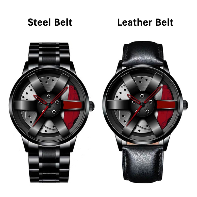 Fashion Car Wheel Rim Hub Leather Belt Watch For Men