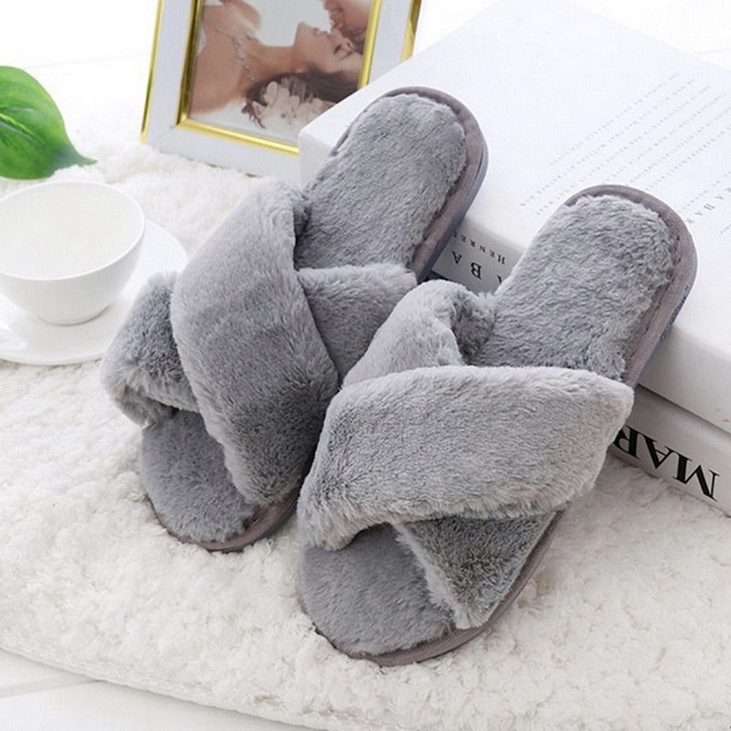 Furry Slippers Soft Plush Cross Faux Fur Shoes