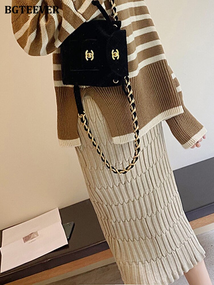 BGTEEVER Elegant High Waist Slim Fit Zipper Mid-Calf Wrapped Knitted Skirt