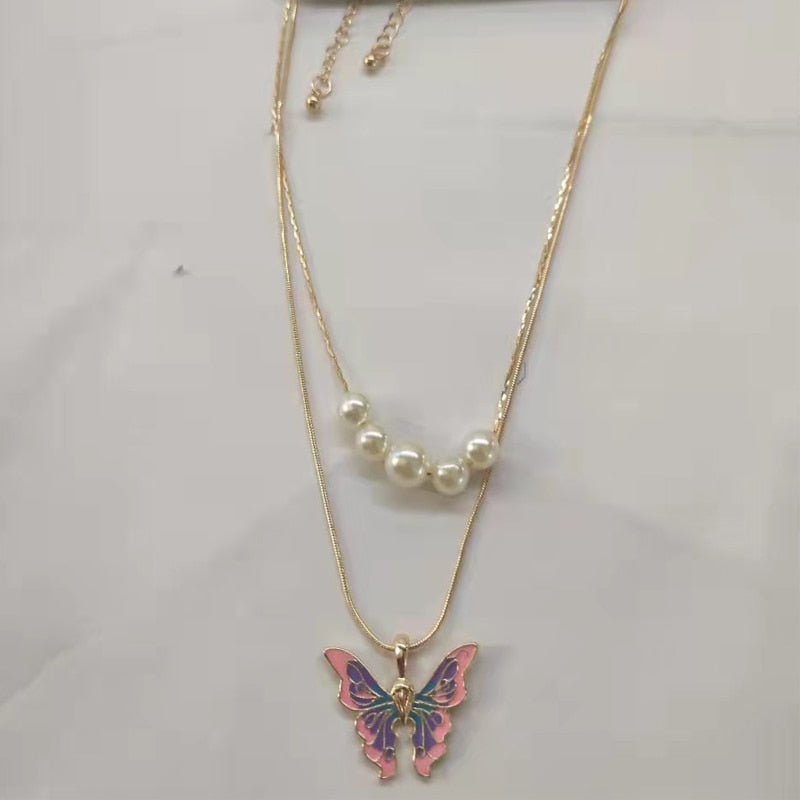 Thai Pop Butterfly Pearl Double Choker Chain Necklace
