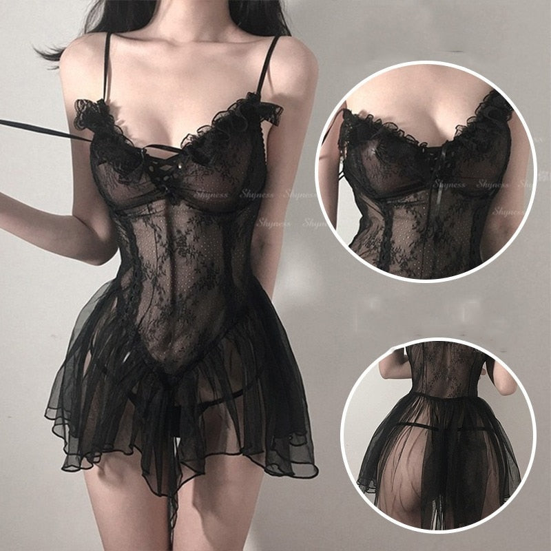 Sexy Lingerie Black Lace Short Nightdress