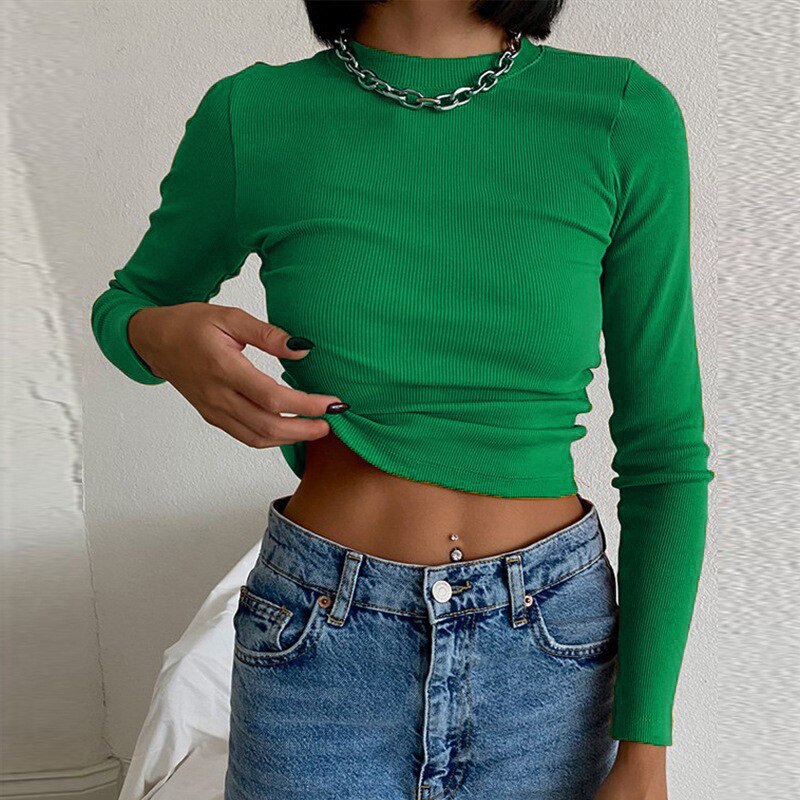 Ribbed Neck Cropped Long Sleeve T Shirt Women